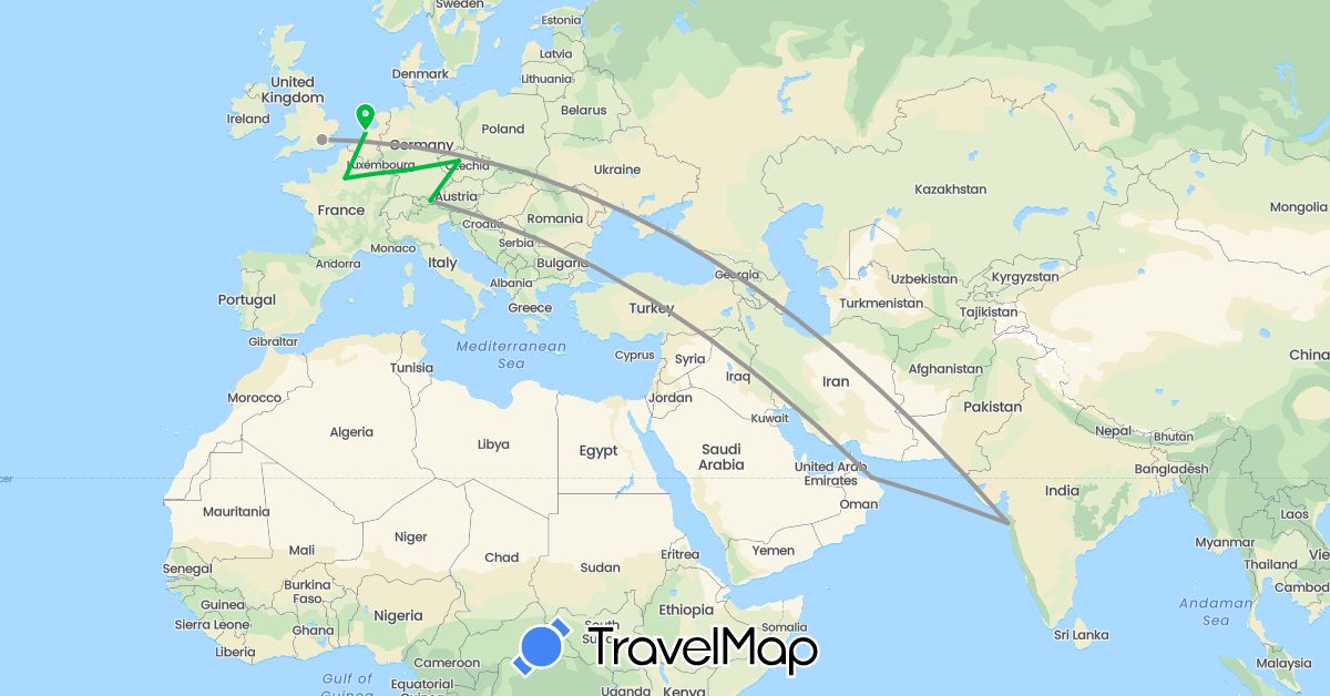 TravelMap itinerary: driving, bus, plane in Austria, Czech Republic, Germany, France, United Kingdom, India, Netherlands, Oman (Asia, Europe)